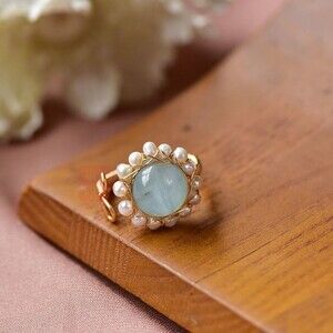 Aquamarine Pearl Wire‎ Wrapped Ring Gold Tone Flower Design Women
